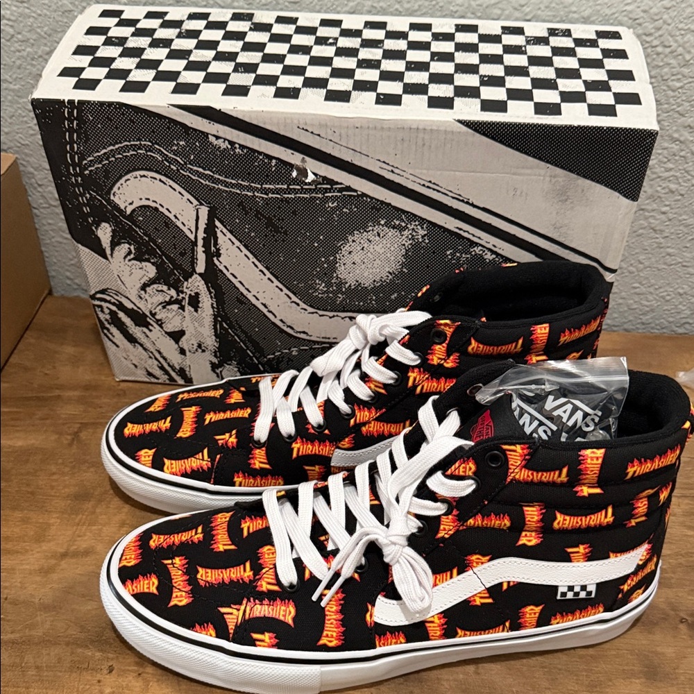 Vans Sk8-Hi Black Canvas High Tops with Orange & Yellow Flame Logos Thrasher 13